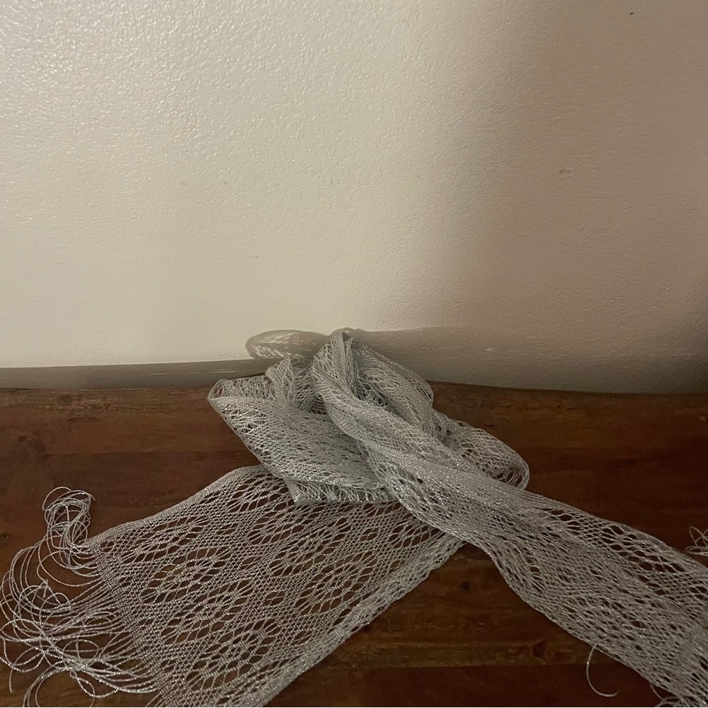 Silver Metallic Mesh Scarf Sheer Fringe Evening Wrap - Picture 3 of 6